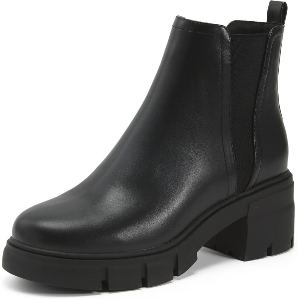 Redtop Women's Black Faux Leather  Elastic Chunky Block Heel Lug Sole Ankle Boot